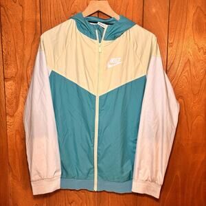 Nike Women’s Windbreaker Jacket XL Teal White Beige Full Zip Hooded Running